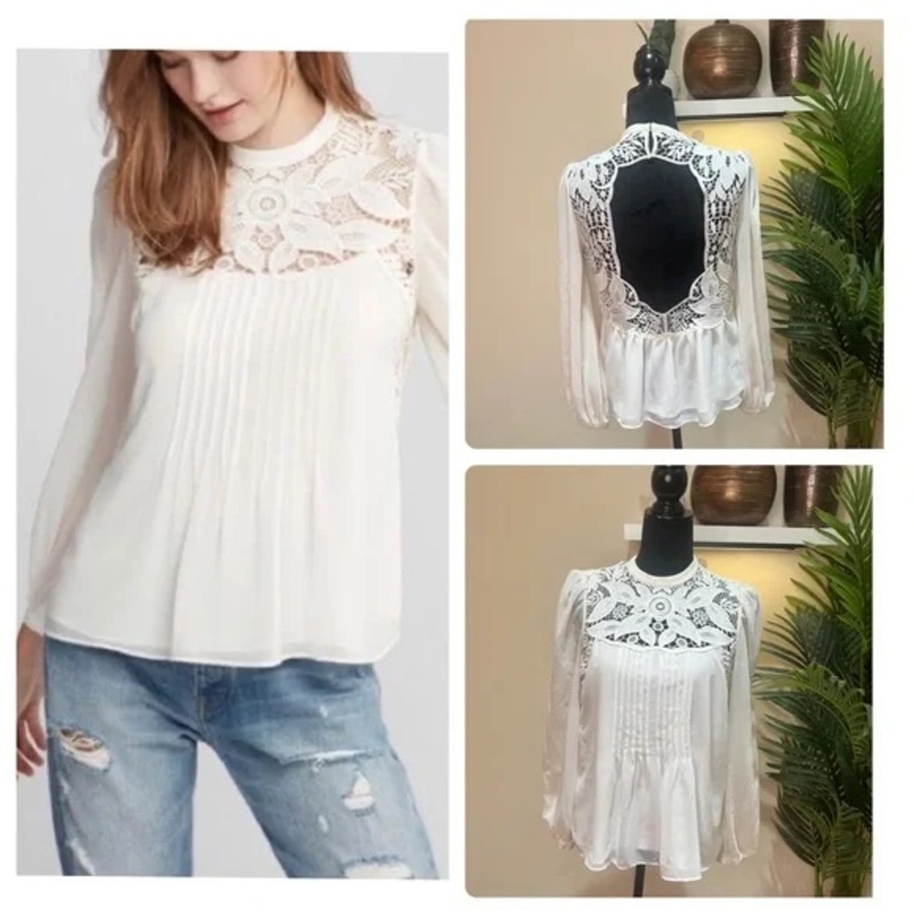 358. Express Lace Yoke Long-Sleeve Blouse in White